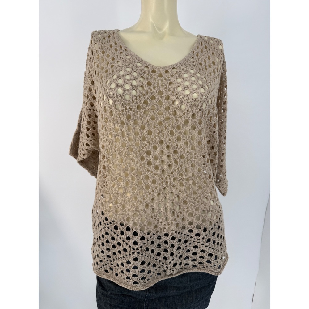 Boho Open Knit Crochet Sweater Top M Taupe Dolman Sleeve Beach Cover Up Medium